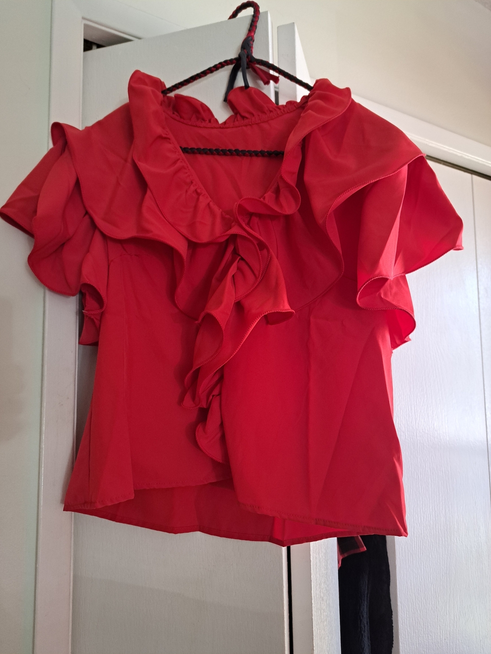 Red Ruffle Short Sleeve Blouse